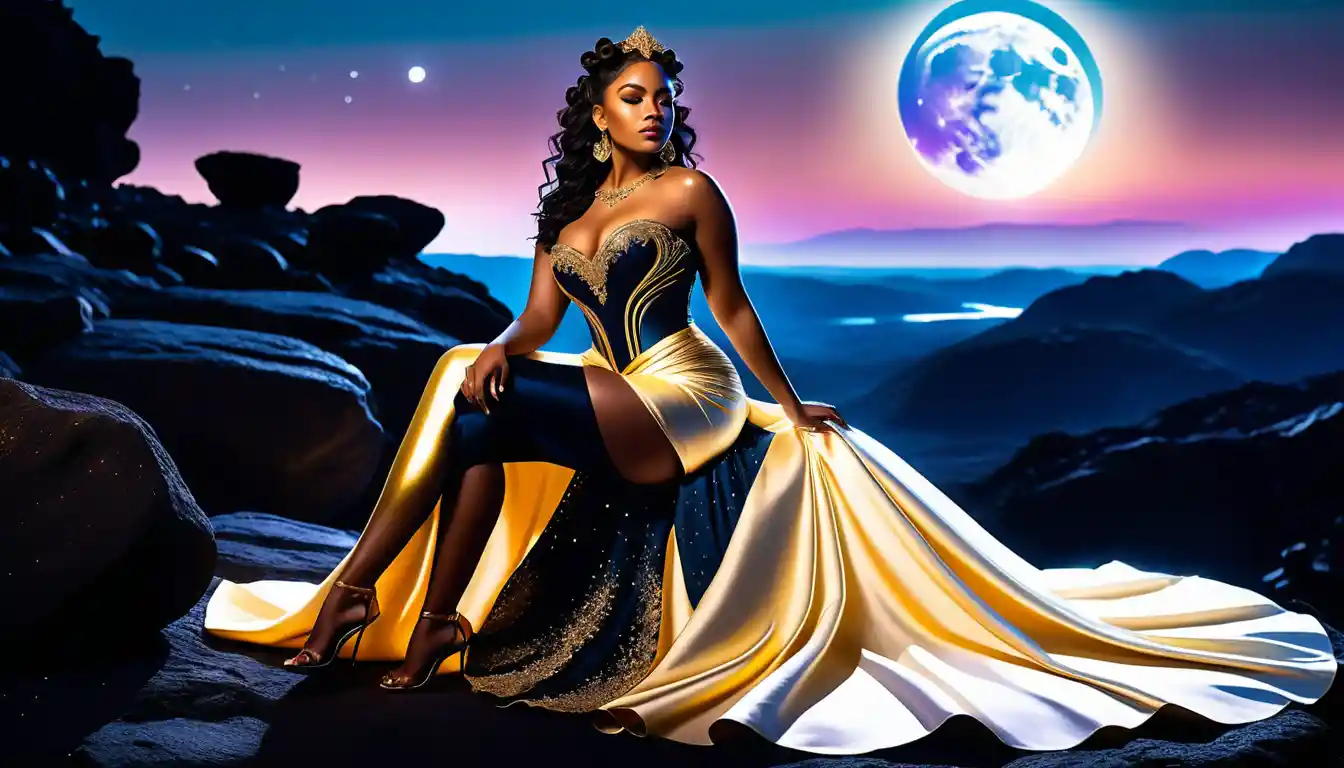 Regal black woman seated on a glowing crescent moon