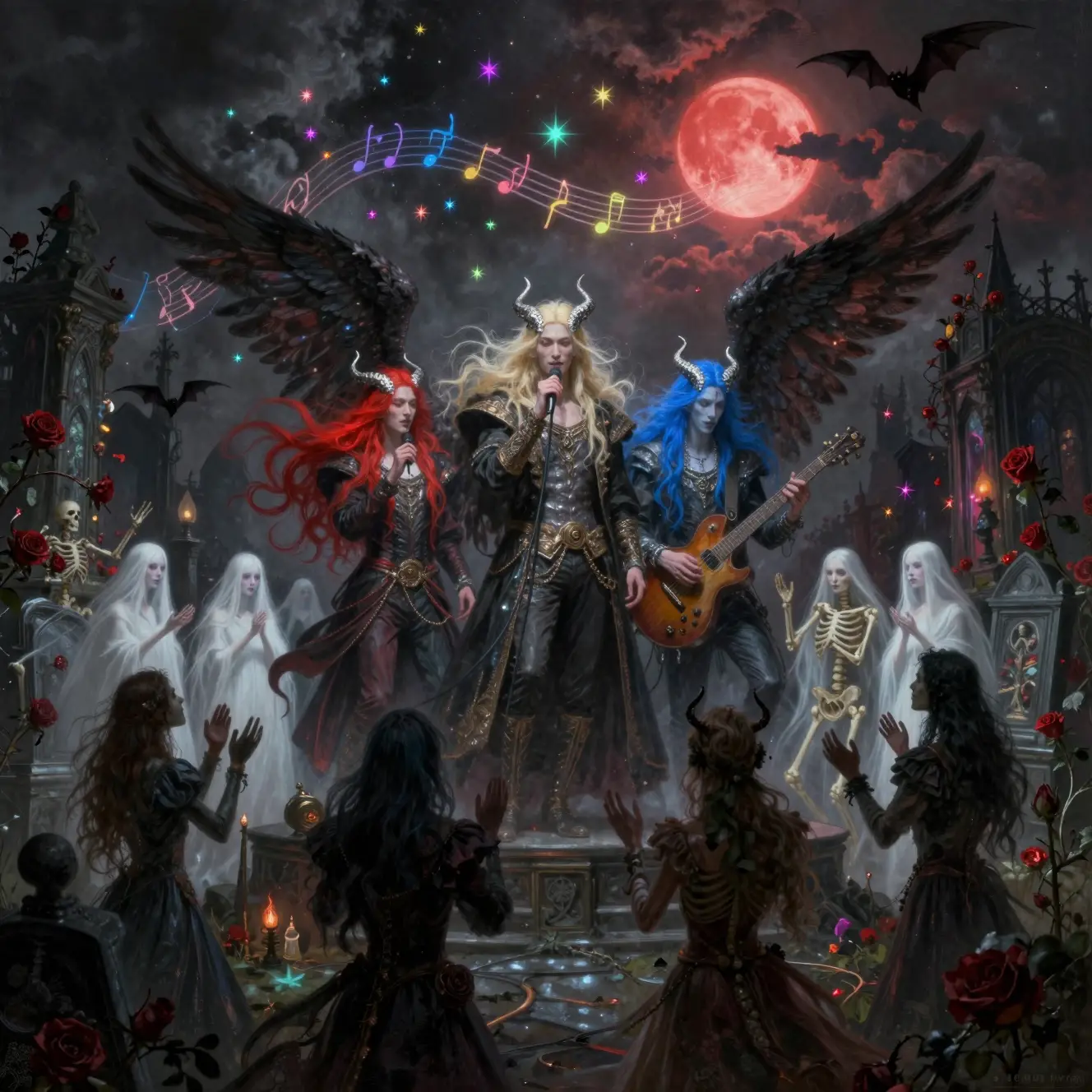 Ethereal demon band performing in ancient gothic cemetery