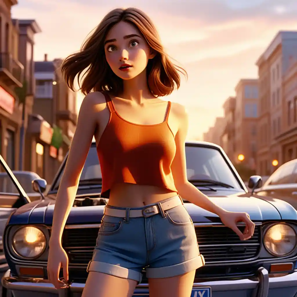 Giovane donna che controlla il motore dell’auto in una scena cinematografica al tramonto