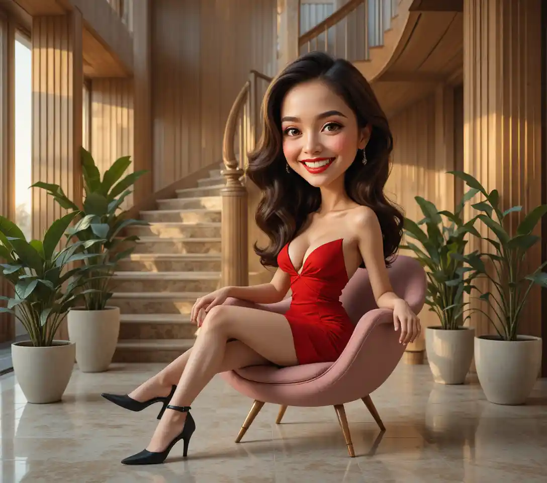 Elegante donna in abito rosso su sedia rosa di design