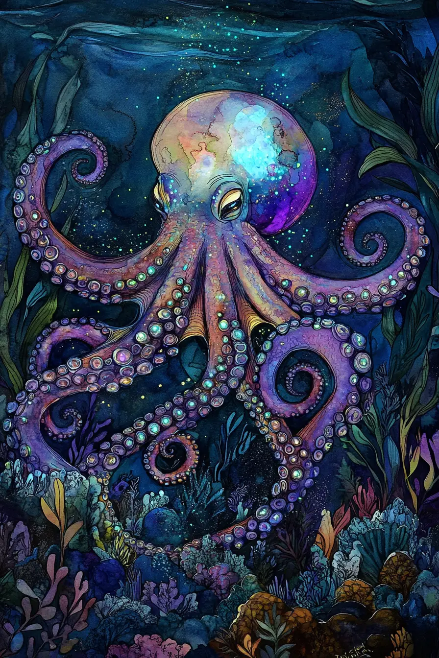 Bioluminescent octopus over lush plants on the ocean floor