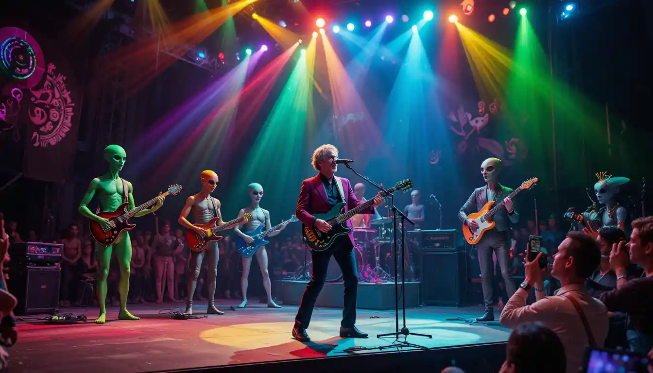 Alien rock band performing on an outdoor night stage