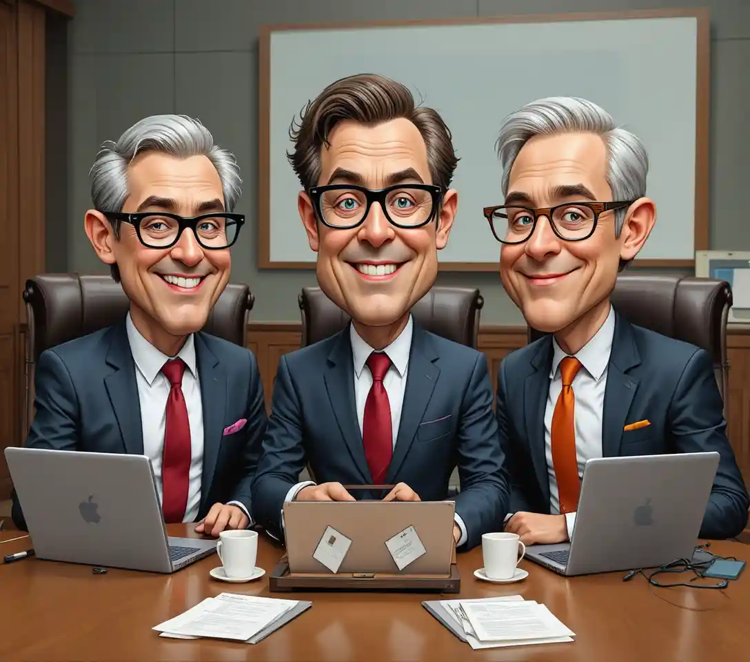 Businessmen in a meeting around a wooden office table