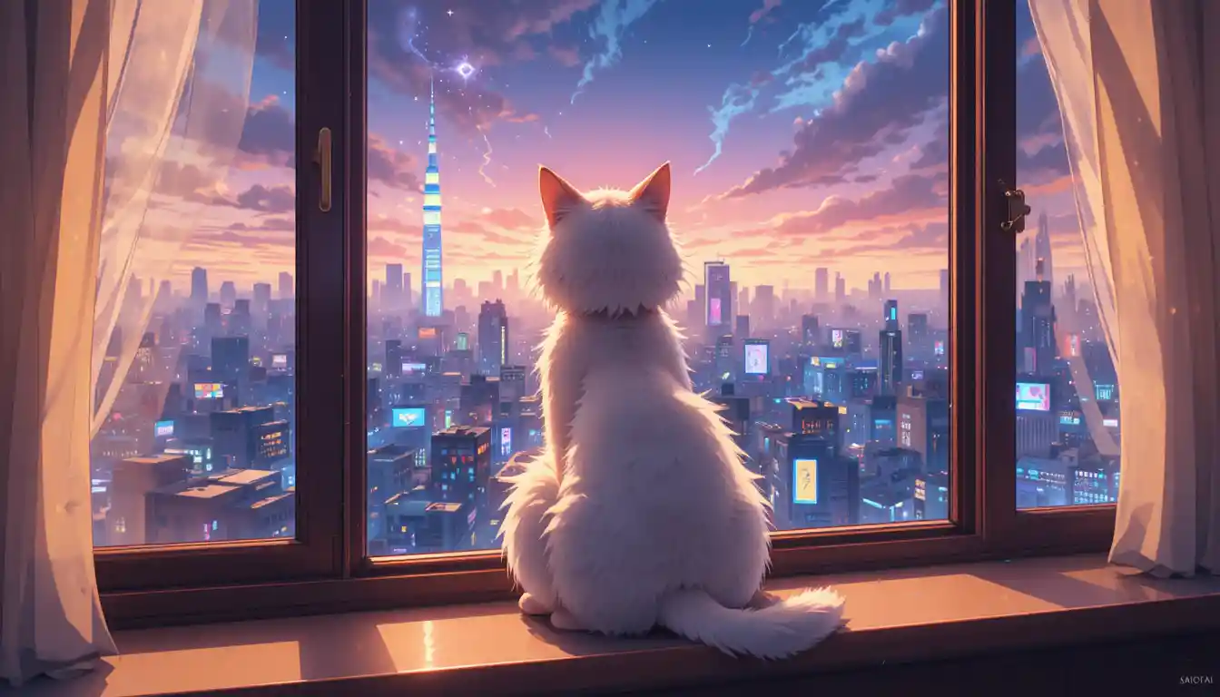 Anime-Katze auf dem Fensterbrett mit Blick auf neonbeleuchtete Tokio-Skyline