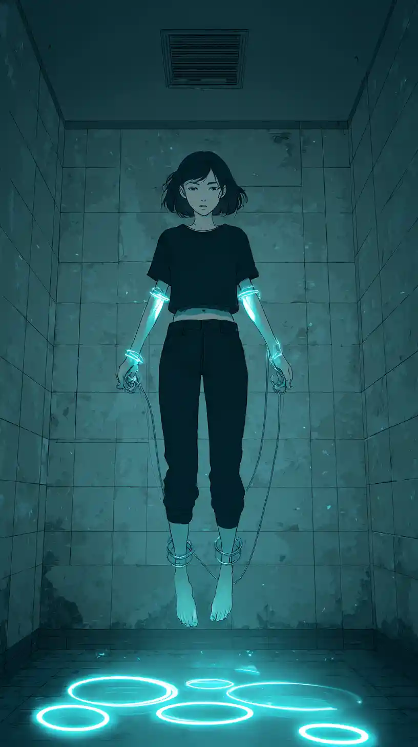 Young woman bound by neon chains in a dark room