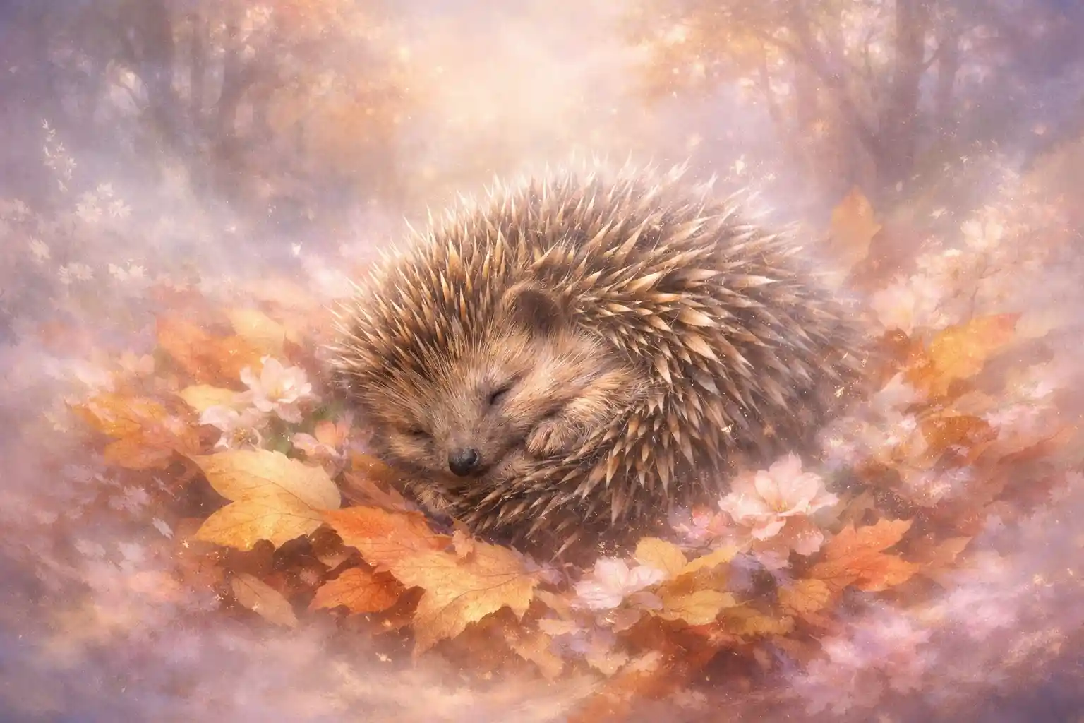 Surrealer Igel, eingerollt in Herbstlaub im weichen Waldnebel