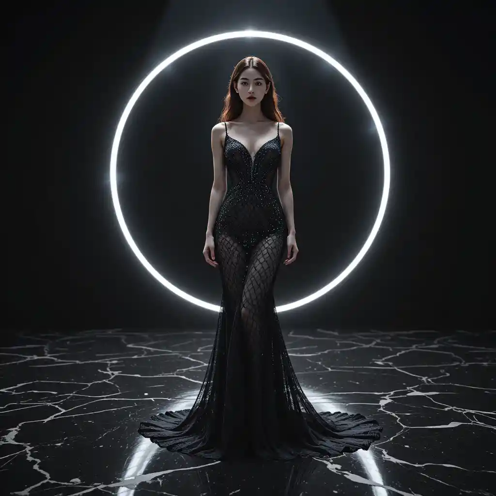 검은 대리석 무대 위 붉은 쿠튀르 가운을 입은 한국 여성
