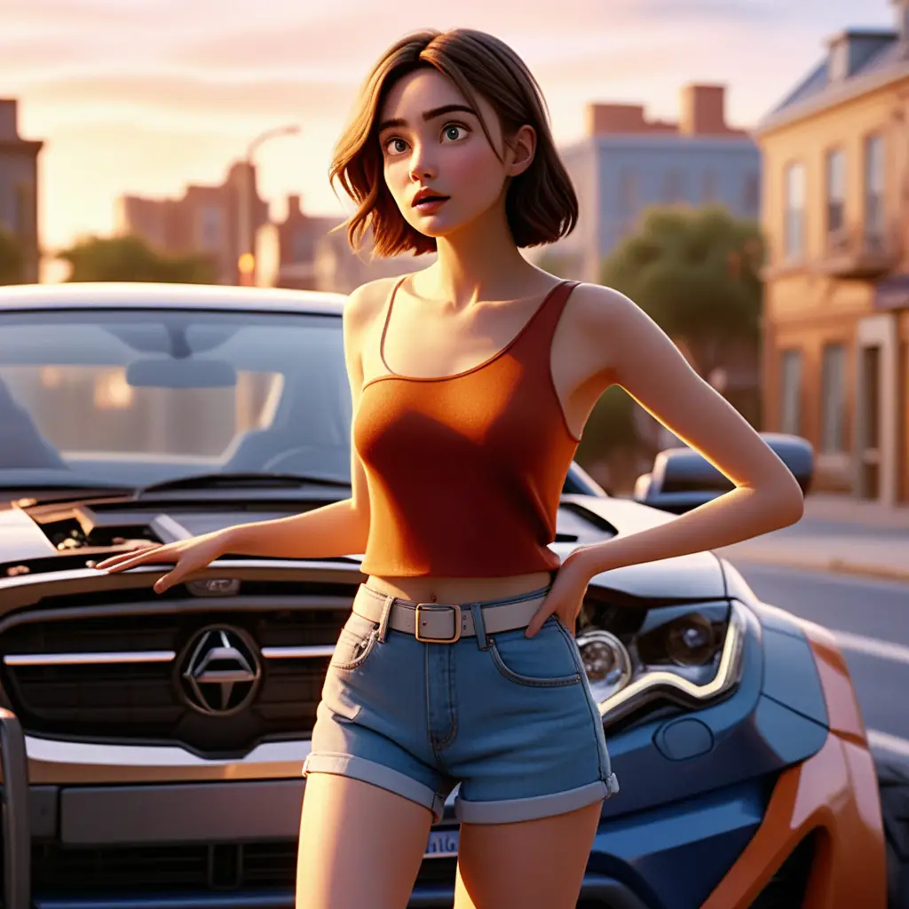 Young woman checking car engine in warm sunset light