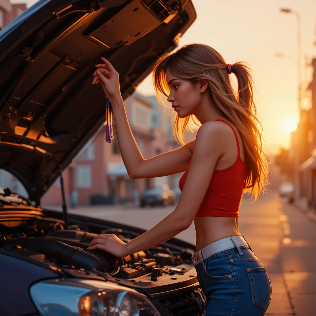 Junge Frau prüft einen Motor bei urbanem Sonnenuntergang