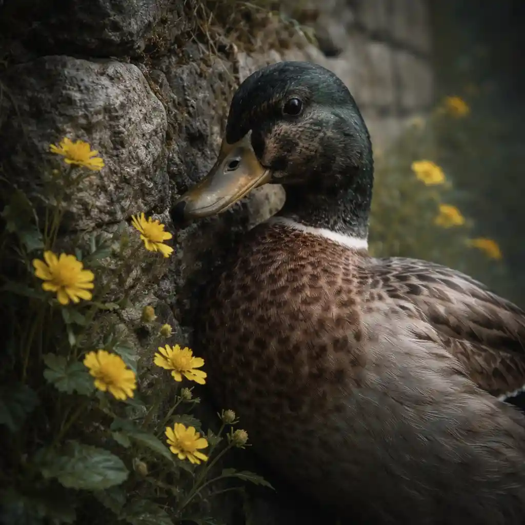 Duck beside a stone wall with bright yellow flowers