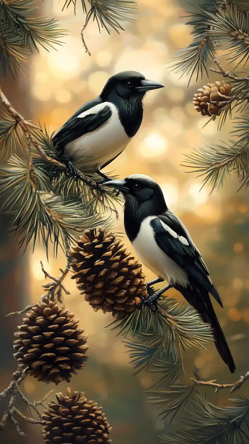 Two magpies on a pine branch at golden sunrise