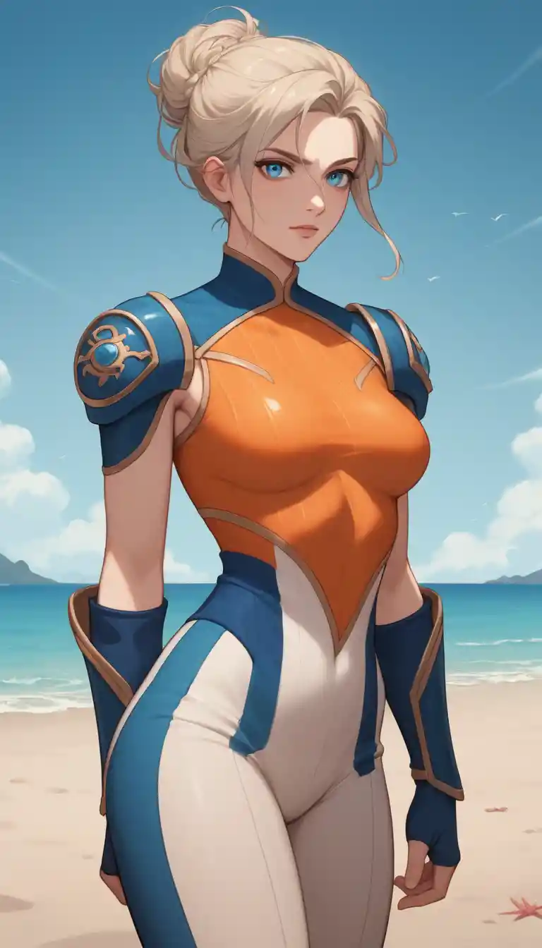 Guerrera de anime con cabello salvaje y ojos azules