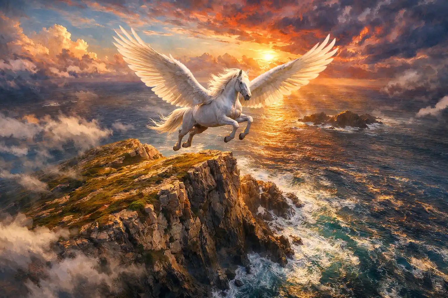 Pegaso blanco sobrevolando un dramático acantilado oceánico