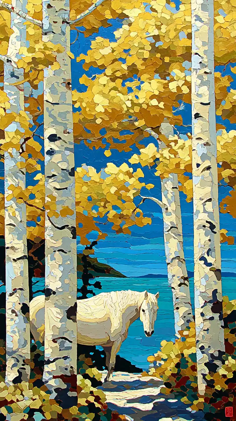White horse in golden autumn birch forest under blue sky