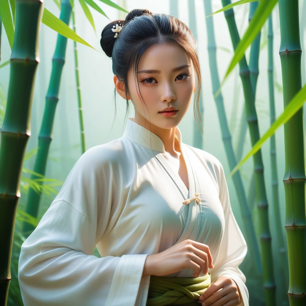 Gelassene Xianxia-Frau in weißer Seide in Tai-Chi-Pose