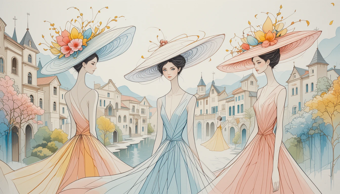 Mulheres elegantes com chapéus em tons pastel em uma cena de vila dos sonhos