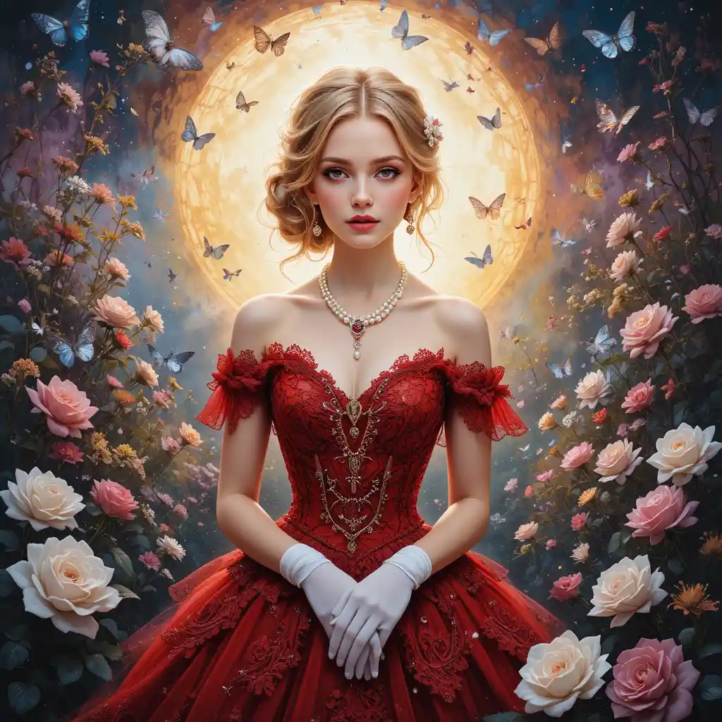 Young noble lady in red lace gown in autumn garden