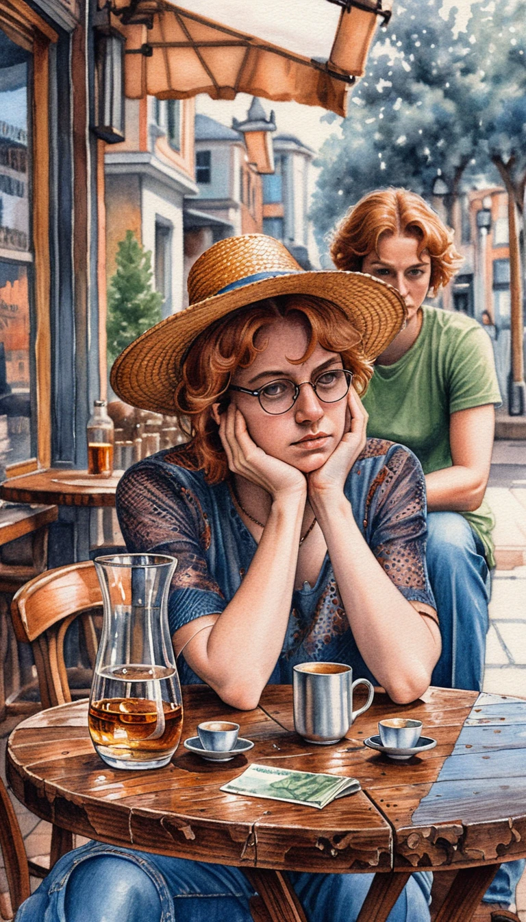 Jeune femme pensive à une table de café en plein air et au calme