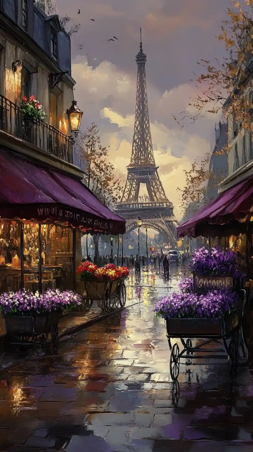 Romantic Paris street with Eiffel Tower and purple flower carts