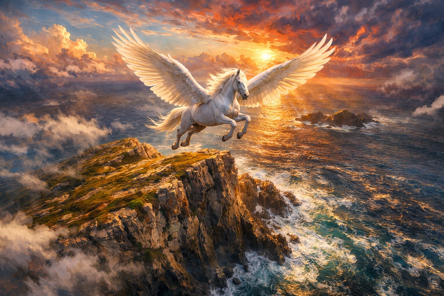 Pegaso blanco sobrevolando un dramático acantilado oceánico