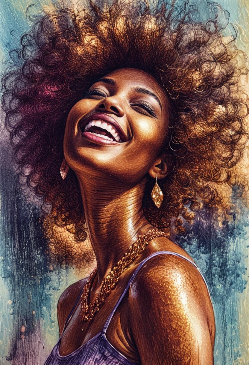 Joyful black woman laughing in radiant low angle portrait