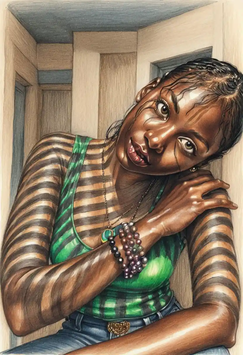 Black woman in green tank top in striped window light