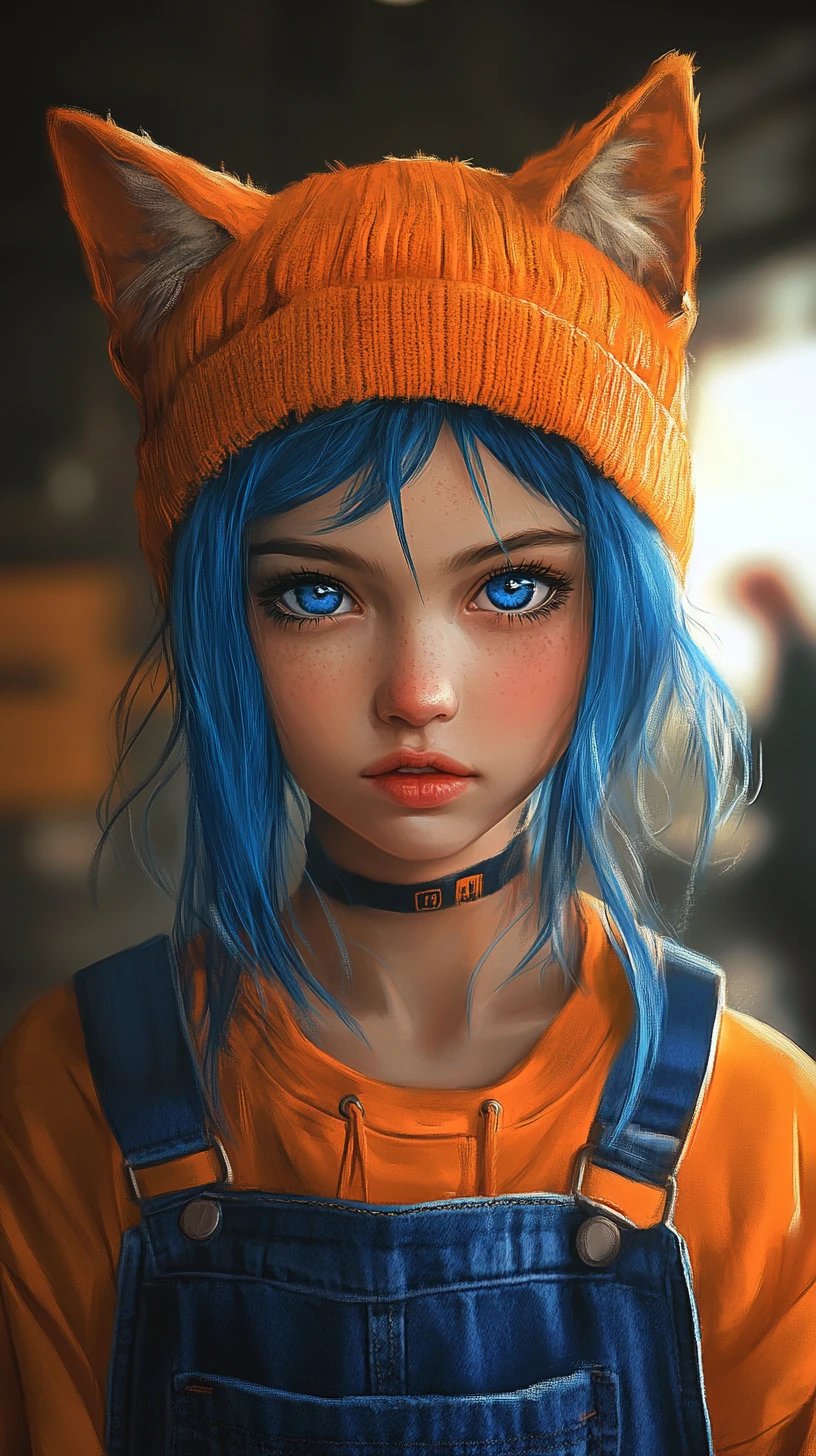 Anime girl in orange beanie with cat ears close up