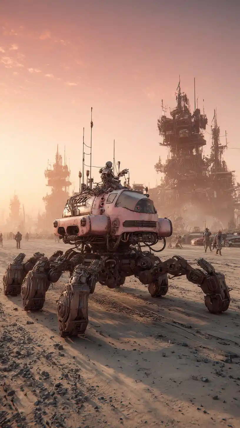 Bio mechanical harvester crosses a silicon desert at sunset