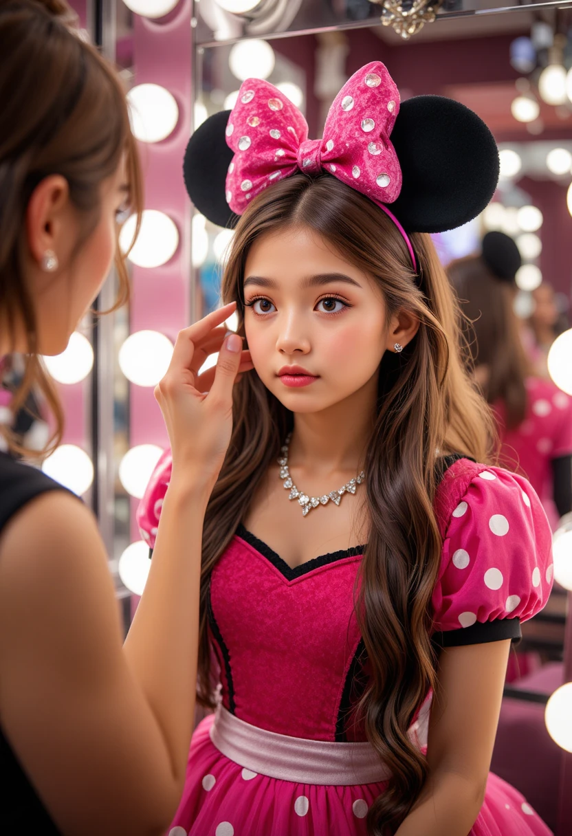 Ragazzo in abito rosa di Minnie truccato in boutique