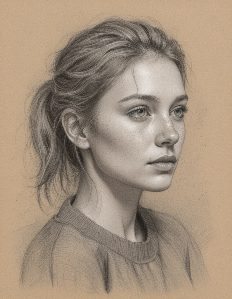 Charcoal portrait of a freckled young woman looking upward