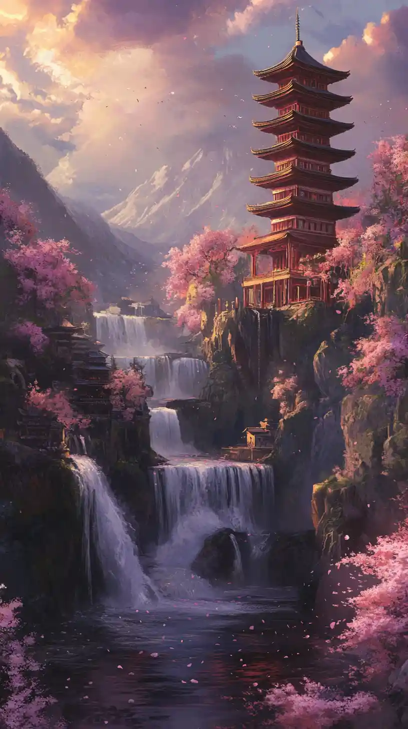 Ornate scroll with Japanese pagoda and cascading waterfalls