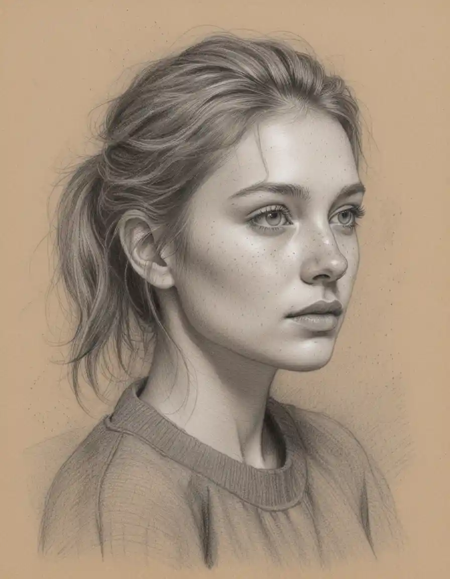 Charcoal portrait of a freckled young woman looking upward