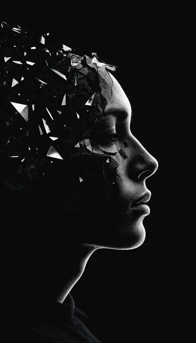 Silhouette minimaliste de visage brisé sur fond noir