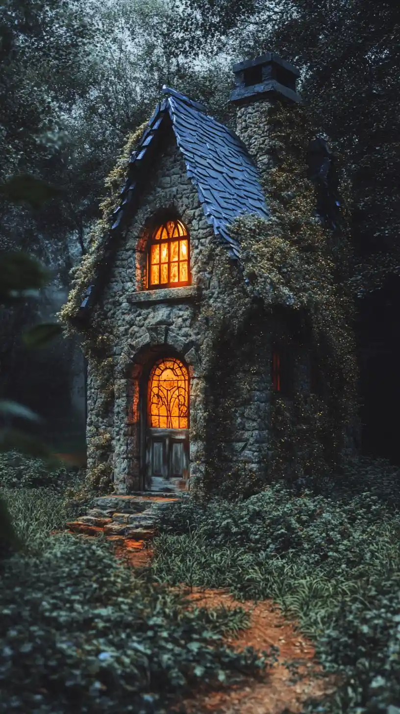 Haunted forest cottage with glowing window and vines