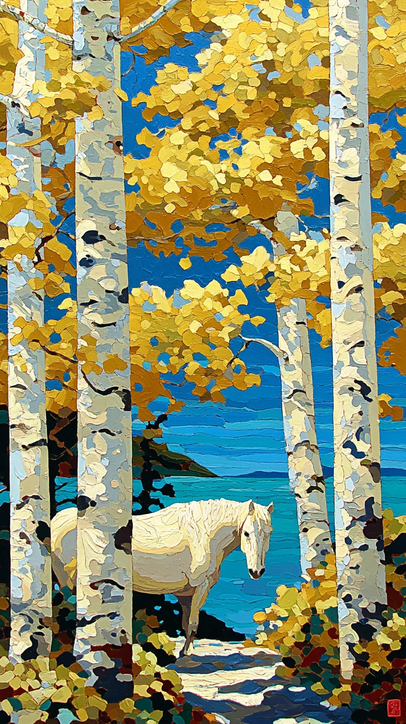 Cavallo bianco in una foresta di betulle dorate in autunno sotto il cielo blu