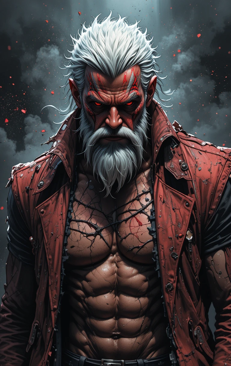 Scarred white haired warrior in torn red and black coat