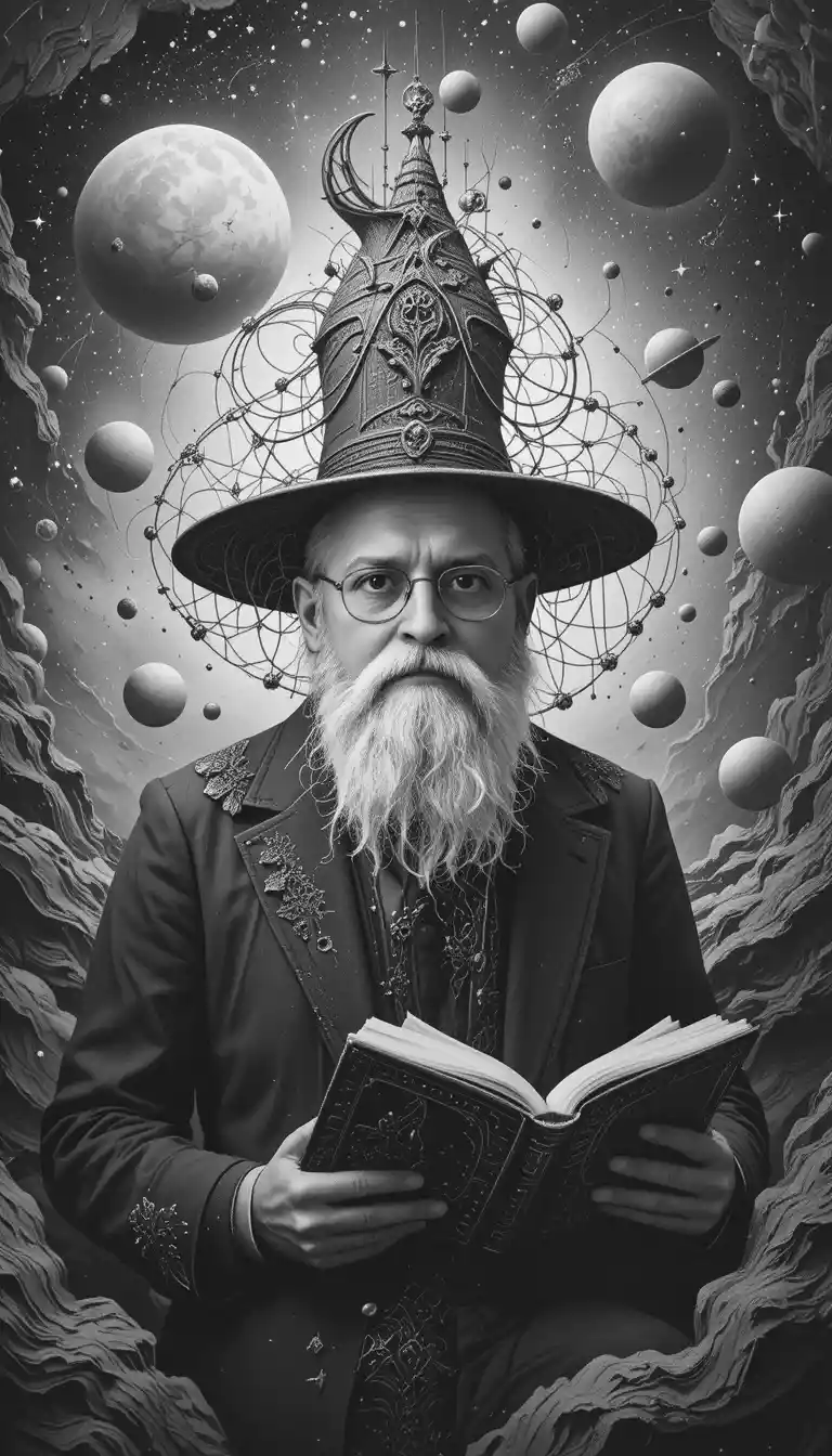 Surreal old man in space with planets and cosmic book
