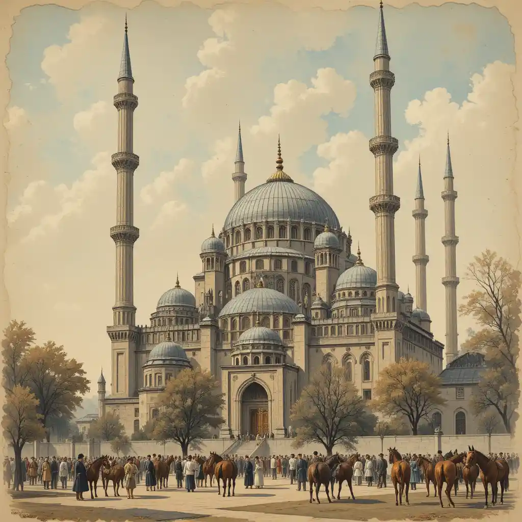 Veduta in acquerello seppia della Moschea Blu con vivace primo piano