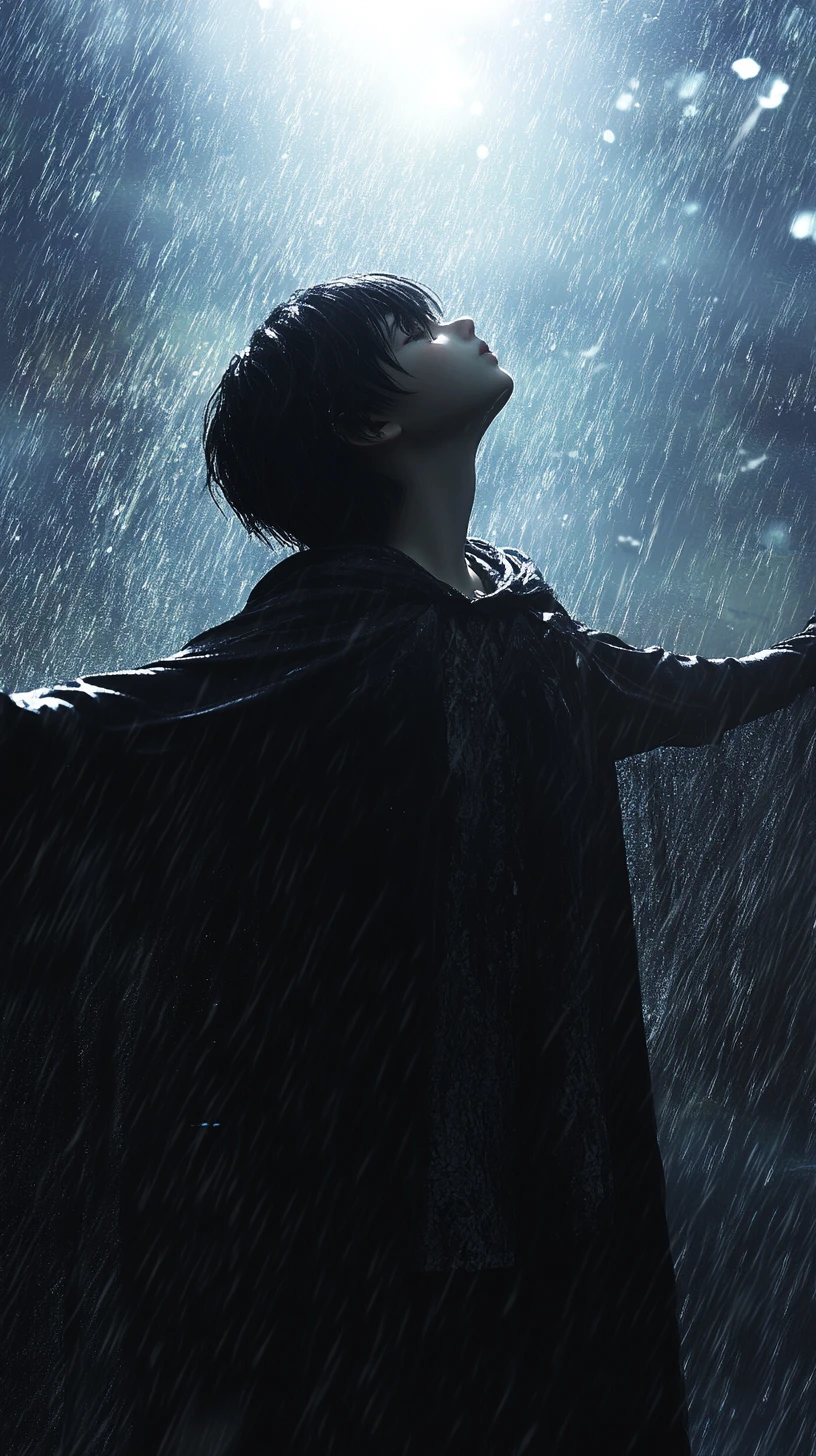Anime girl in the rain under a radiant overhead light
