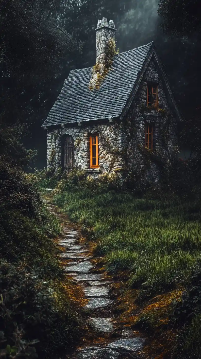 Haunted woodland cottage with gothic door and eerie window light