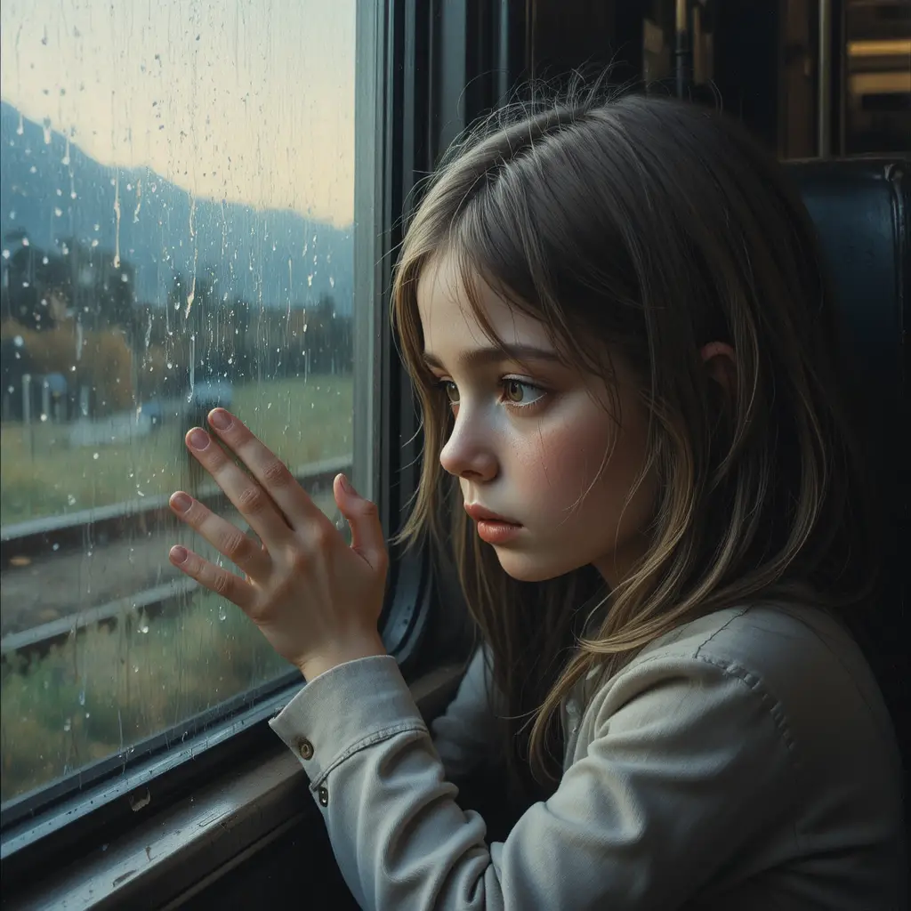 霧がかった電車の窓辺の悲しげな少女の油絵