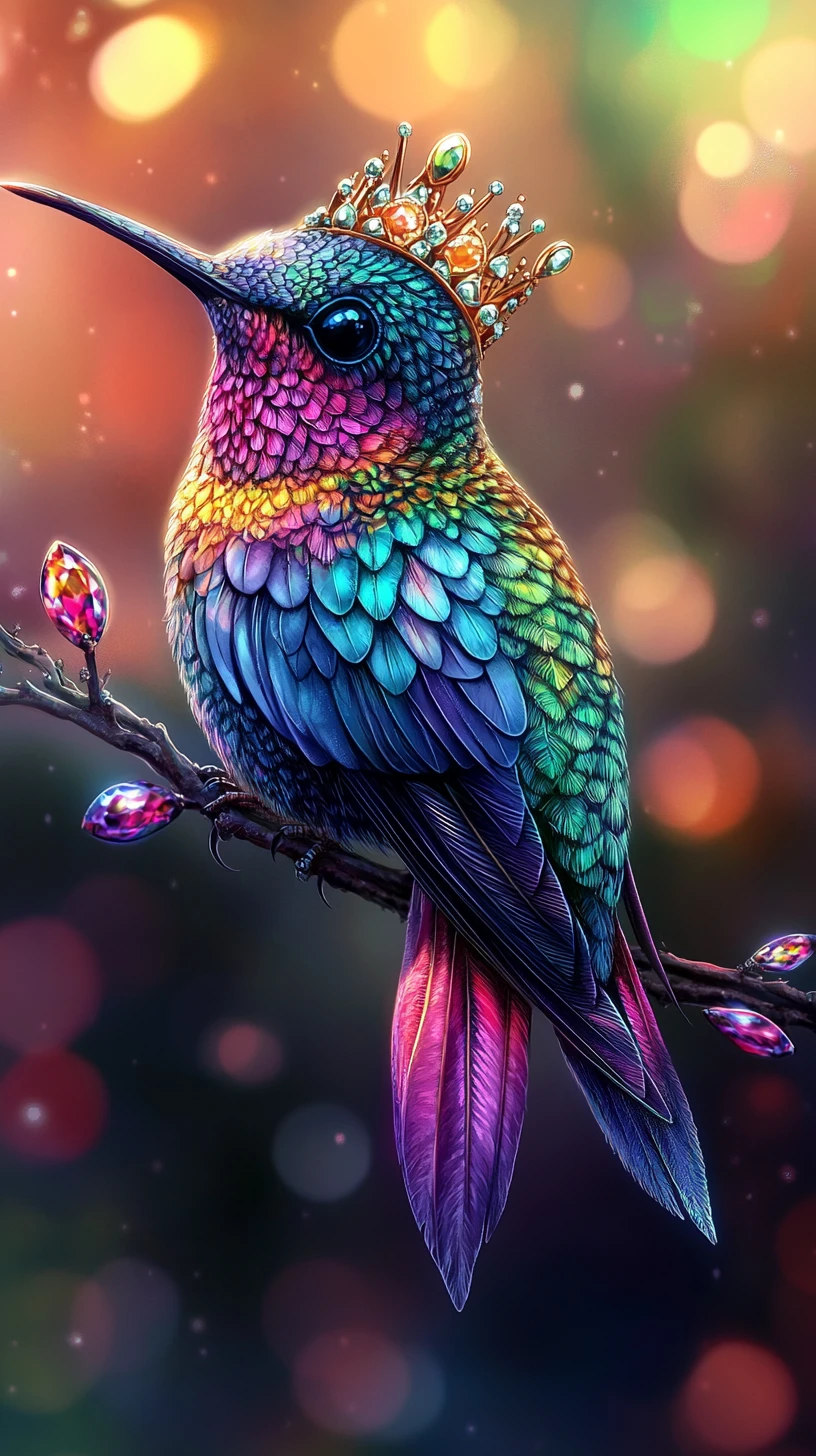 Beija-flor vibrante de fantasia com coroa de joias em um galho