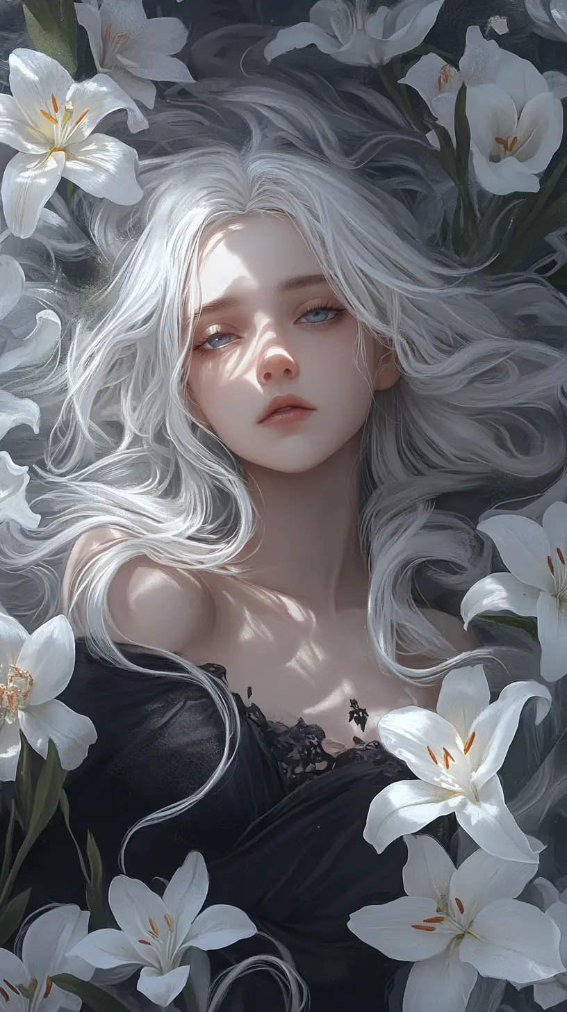 Anime woman with white hair resting among white lilies