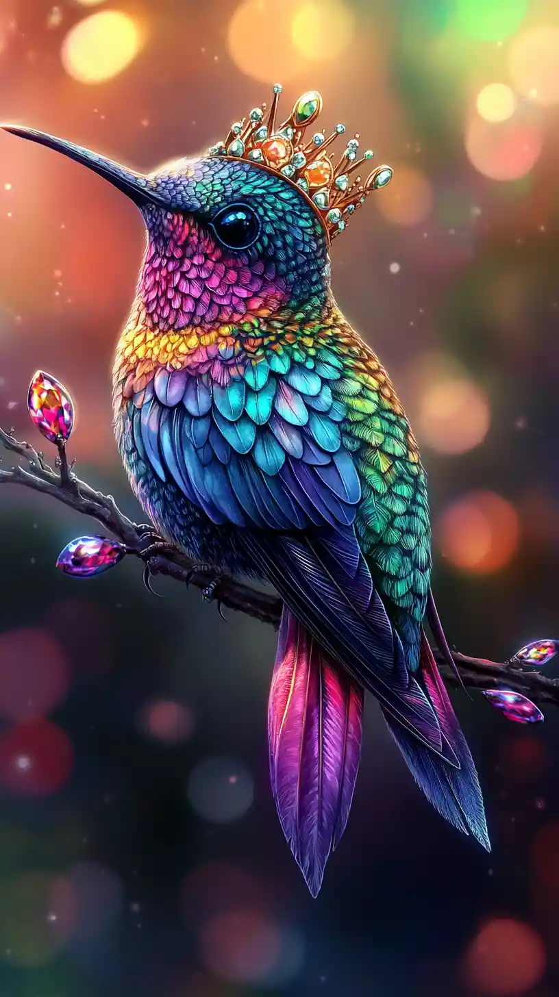 Colibrì fantasy vibrante con corona di gioielli su un ramo