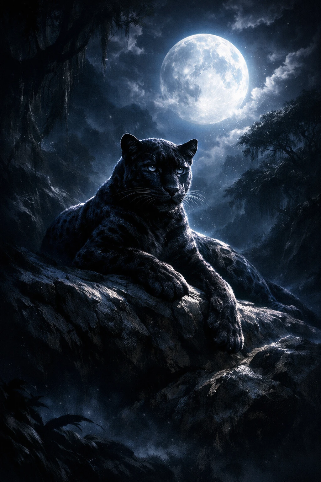 Léopard noir sur des rochers au clair de lune dans une jungle mystérieuse