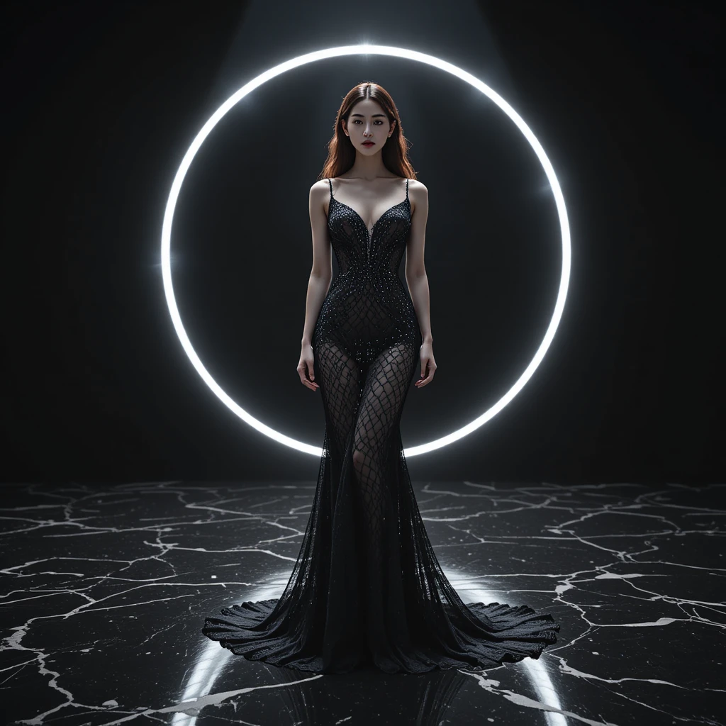 Korean woman in red couture gown on black marble stage