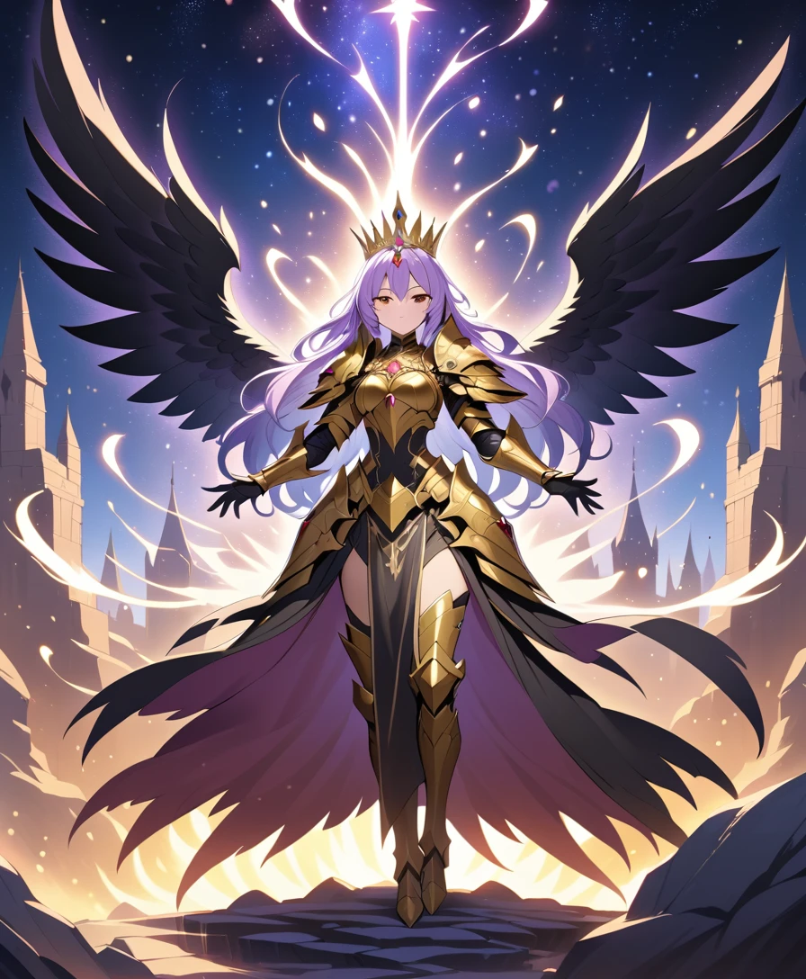 Regina guerriera alata in stile anime davanti a un castello sotto il cielo stellato