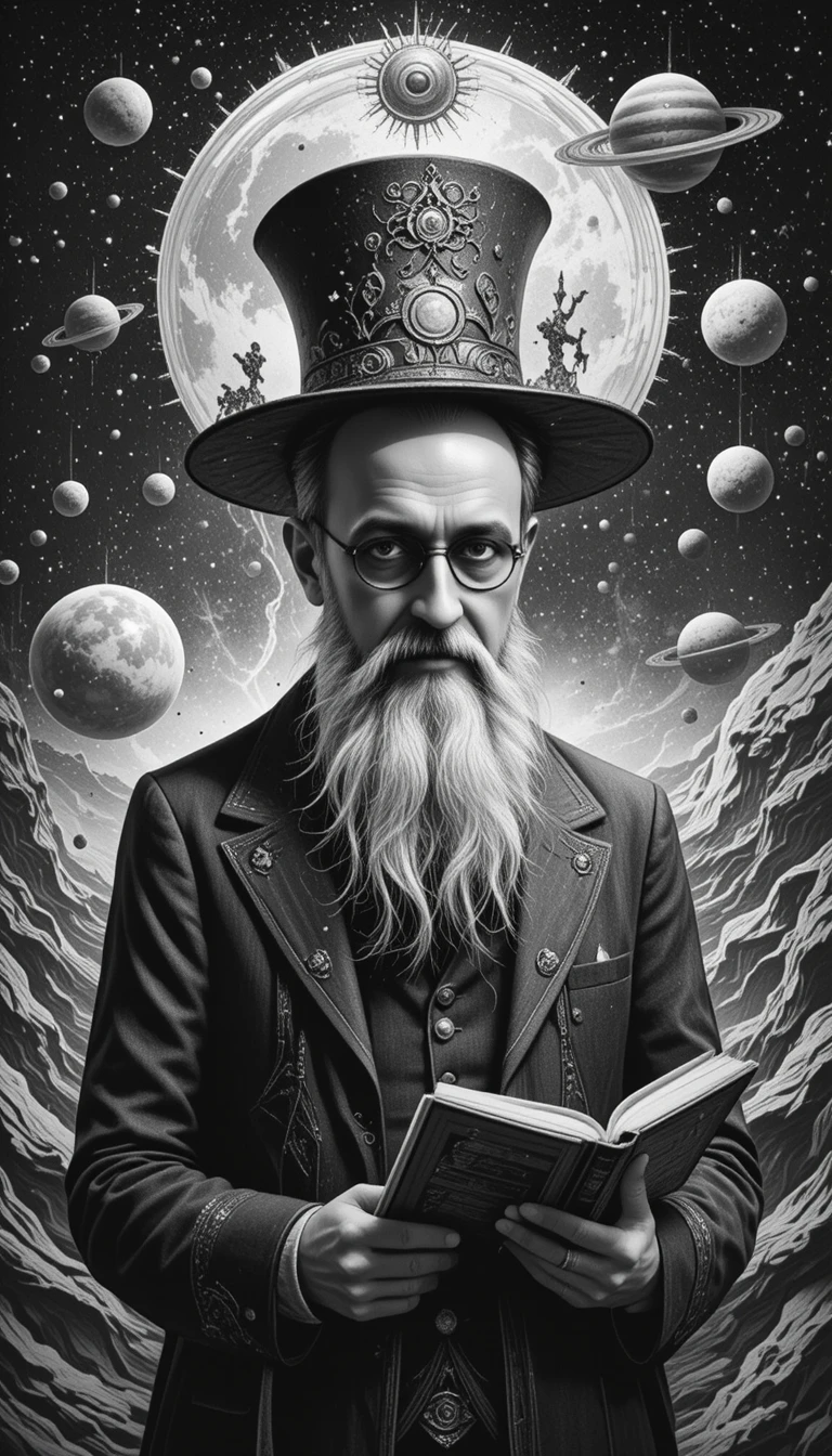 Surreal old man in space with planets and books