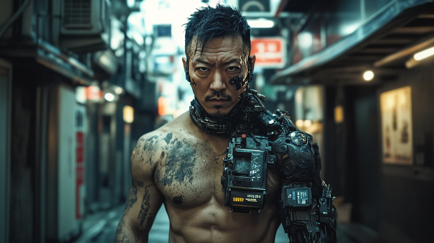 Cyborg commander in a futuristic Tokyo city street