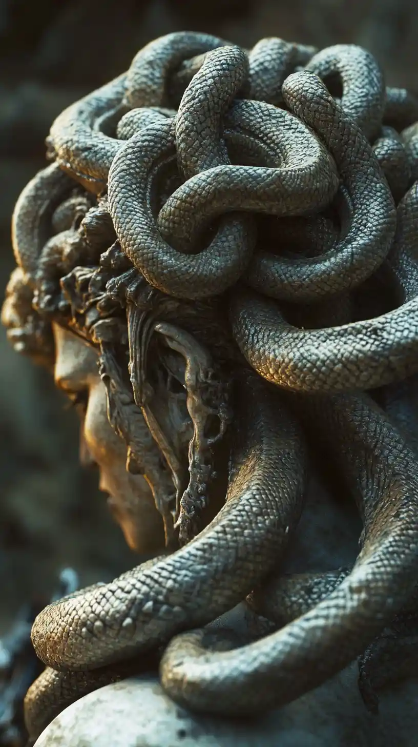 Close up of Medusa with writhing snakes and frozen warrior